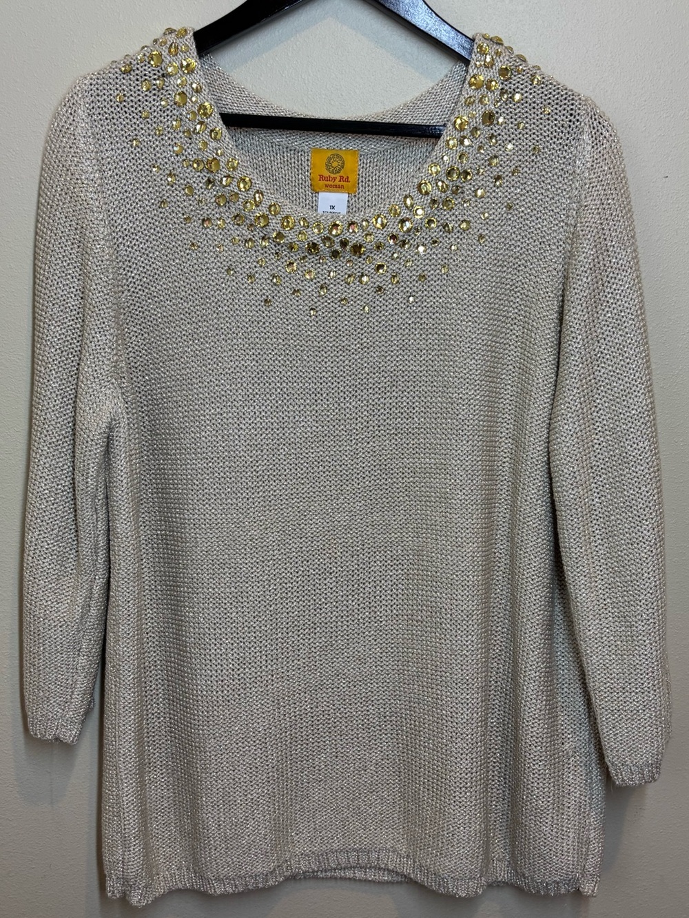 Ruby Rd. Woman Metallic Gold Knit Sweater with Gold Beaded Neckline, 1X, holiday